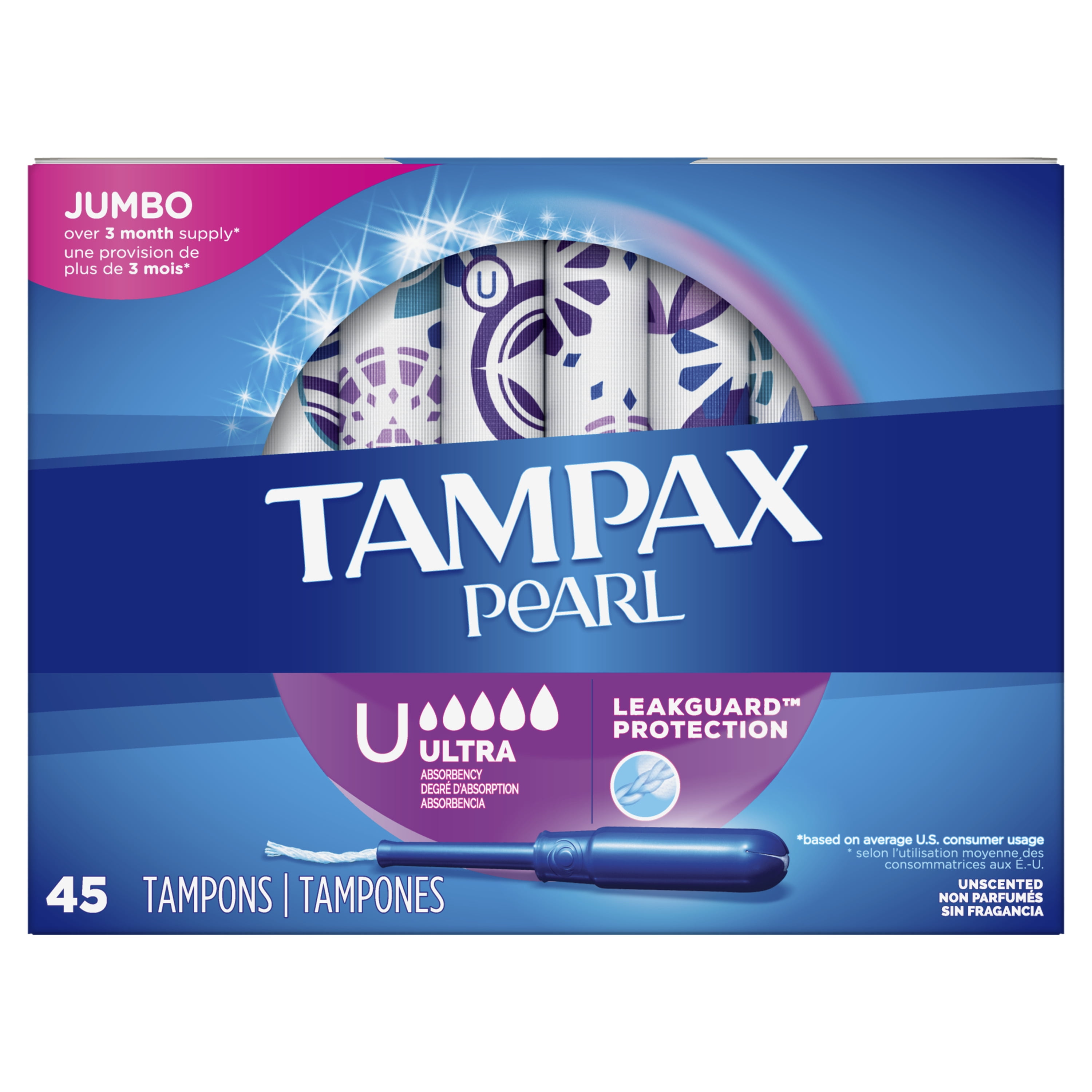 Tampax Pearl Tampons Ultra Absorbency with LeakGuard Braid, 45 Count