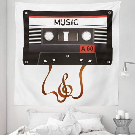 Music Tapestry, Broken Analogue Audio Cassette Music Playing Record Vintage Technology, Fabric Wall Hanging Decor for Bedroom Living Room Dorm, 5 Sizes, Orange Caramel White, by Ambesonne
