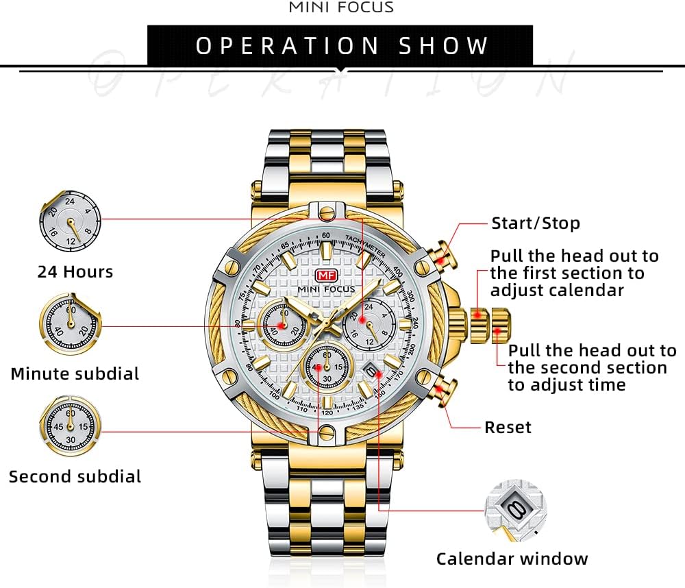 Business Men Watches (Chronograph/Waterproof/Luminous/Calendar/24 Hours) Big Face Stainless Steel Band Watches for Men