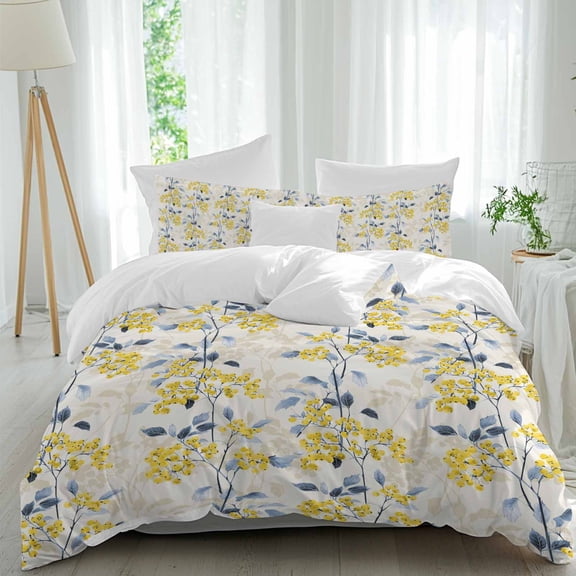 3 Piece Yellow Blue Spring Floral Duvet Cover Set Queen Size,Microfiber Comforter/Quilt Cover with Corner Ties and 2 Pillowcases,Summer Botanical Farmhouse All Season Soft Bedding with Zipper Closure