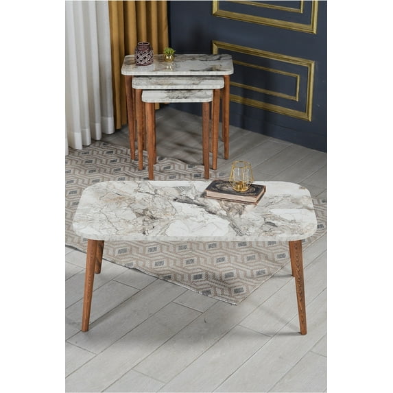 White Marble Coffee Table Set with 4 PCS,Rectangular Set With 3 Modern Nesting Tables And Coffee Table with Wooden Legs,Stacking Side Tables, Set of 4 Small Accent Table,End Table,Nesting Tables