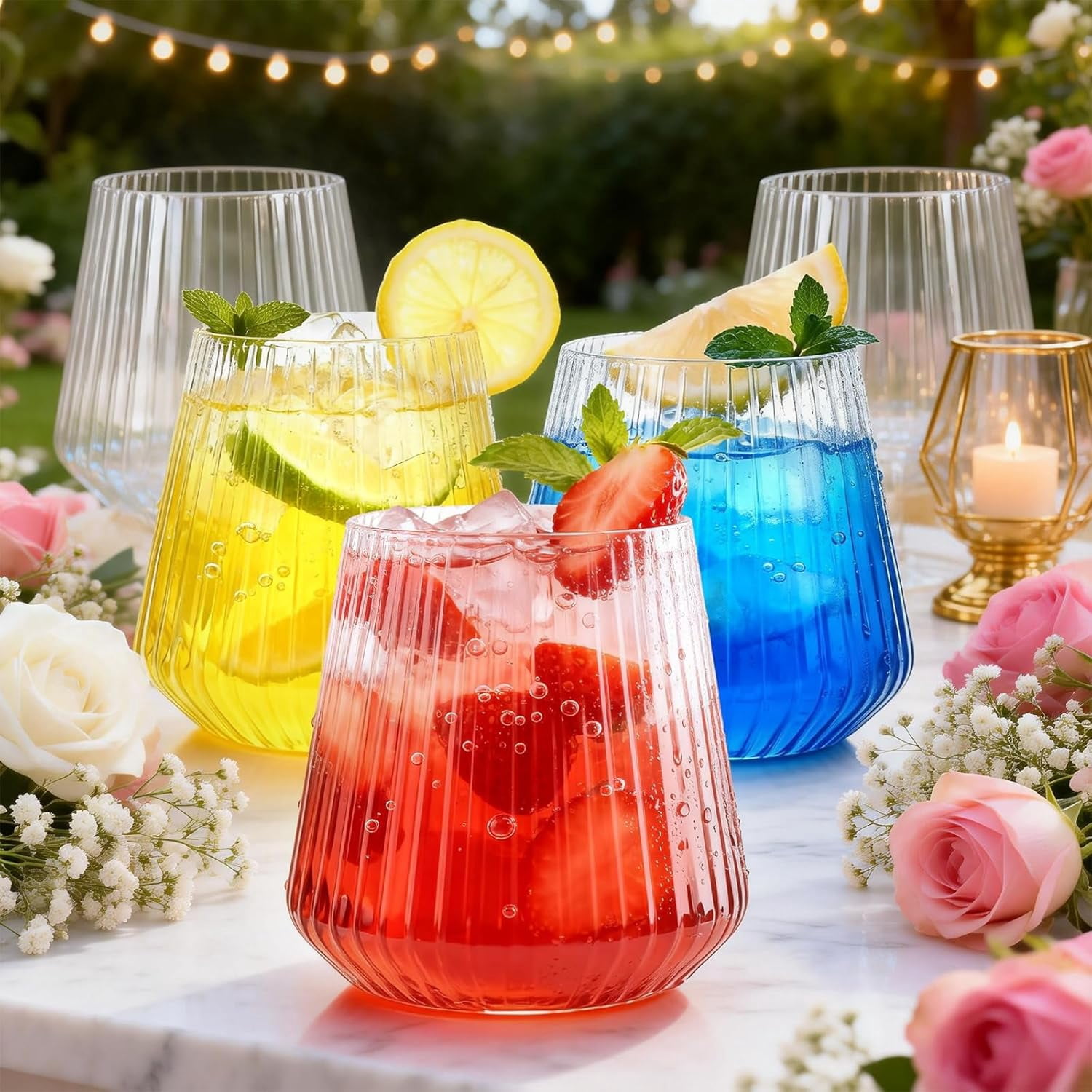 36 Pcs 12 oz Clear Ribbed Plastic Wine Glasses, Origami Ripple Disposable Champagne Flutes Elegant Whiskey Tumblers for Weddings, Bars, Parties and Daily Use