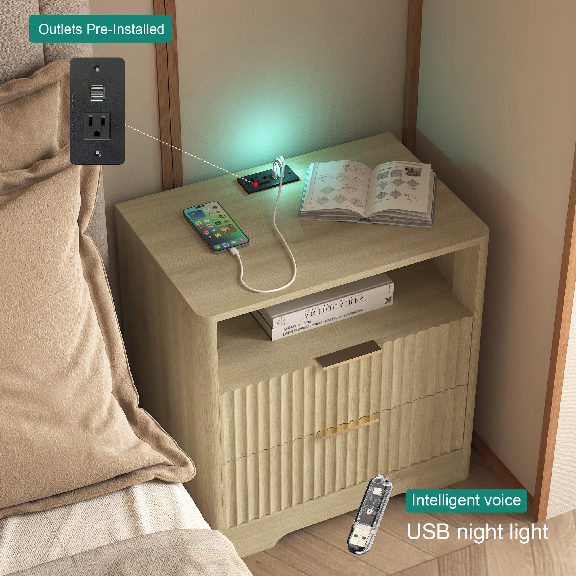 Aukfa Smart 2 Drawer Nightstand with Voice Control & Charging Station,7-Color LED Bedside Table for Bedroom,Natural