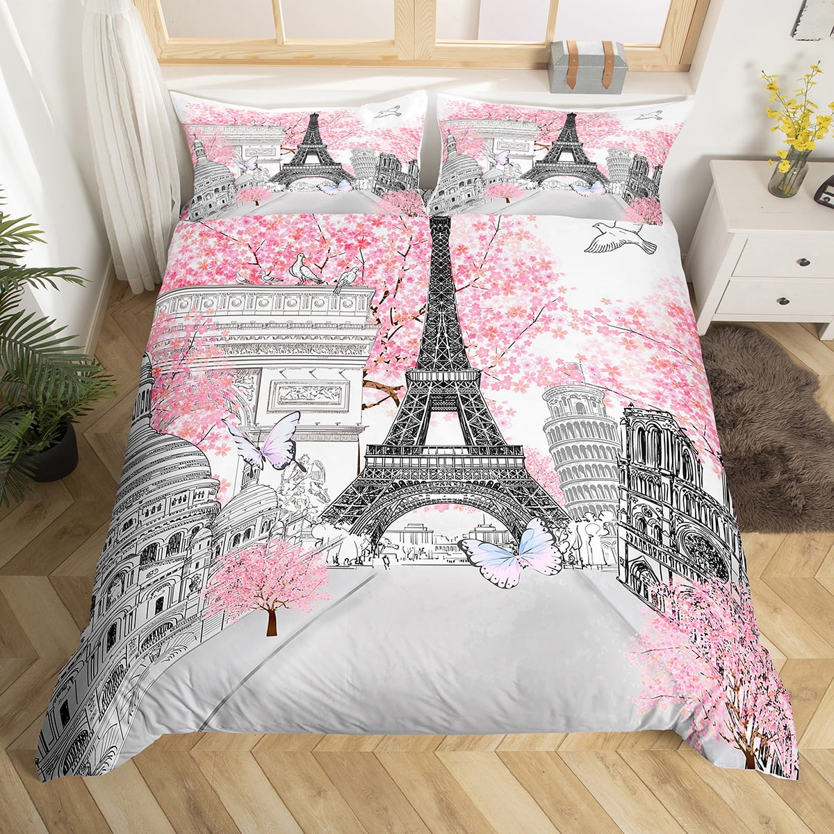 Eiffel Tower Bedding Set Pink Cherry Blossom Comforter Cover Girls