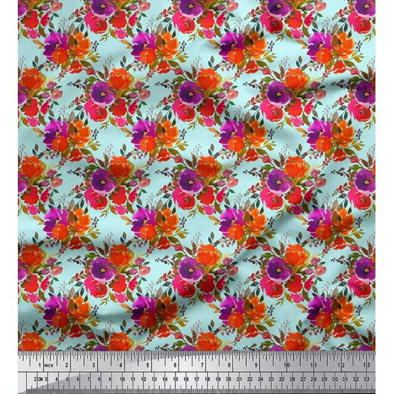 Soimoi Green Cotton Cambric Fabric Peony & Anemone Floral Printed Fabric 1 Yard 56 Inch Wide