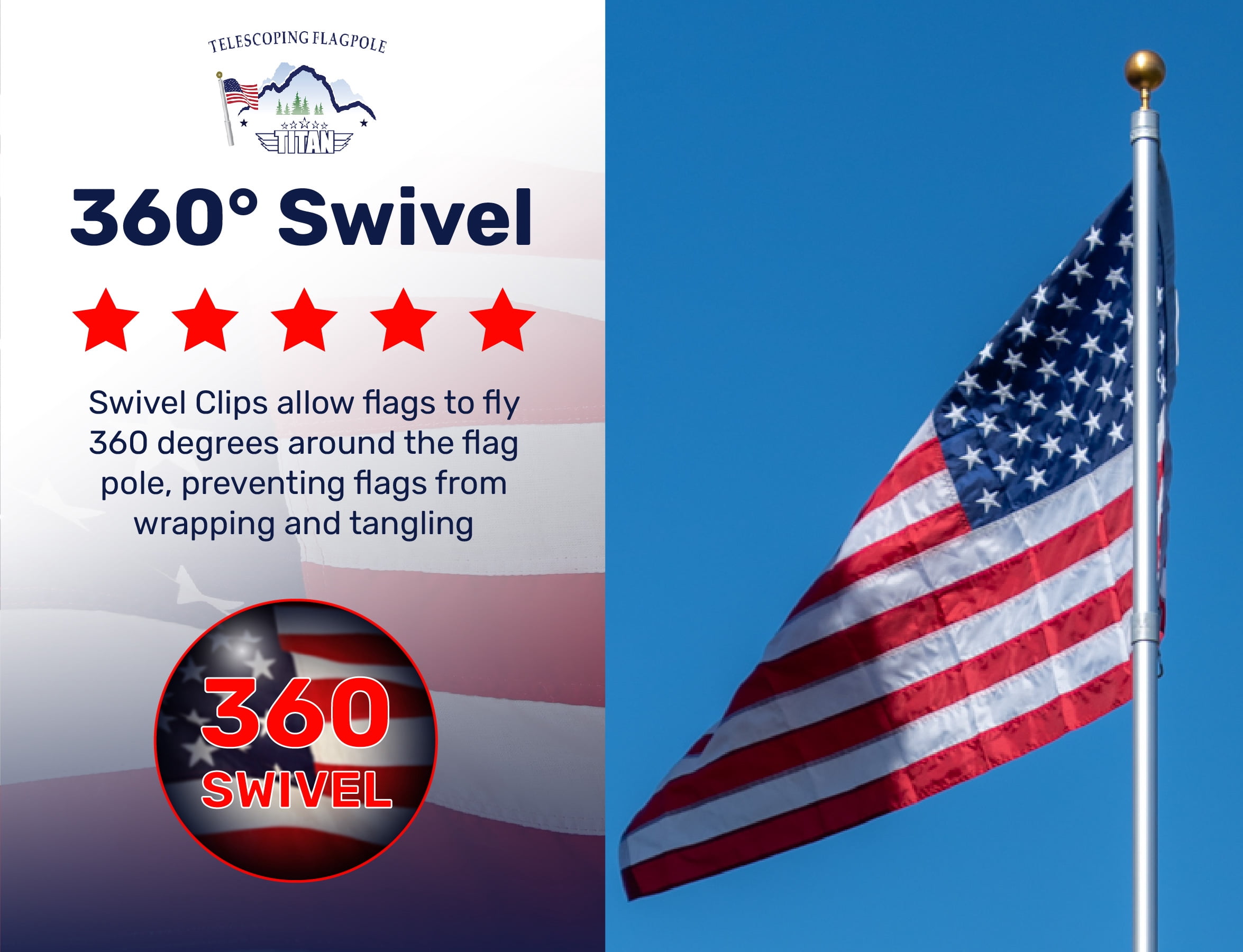Titan Telescoping Flag Poles, 20ft Silver – Heavy Duty Flag Pole Kit, Includes Aluminum Telescoping Flag Pole, 4 x 6 American Flag, Hardware for 2 Flags and Detailed Installation Instructions
