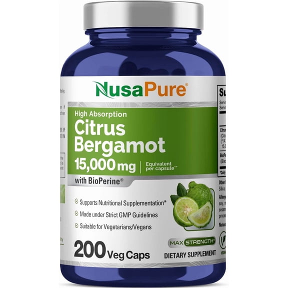 Citrus Bergamot Capsules 15,000mg, 200 Capsules - 25:1 Bergamot Extract - 200 Servings, Bioperine, Vegan, Non-GMO