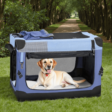 Nomipaw 36 Inch Portable Dog Crate Soft Collapsible,3-Door Blue Travel Pet Crate for Small/Medium Dogs Indoor & Outdoor with Durable Mesh Windows & Storage Bag
