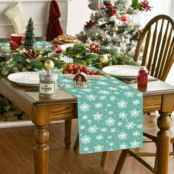 hulanddfd Christmas Snowflake Table Runner, 72x13 inches Rectangle Light Blue Tablecloth with White Snowflake Patterns Linen Placemats Winter Holiday Kitchen Dining Table Decoration