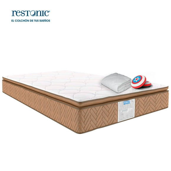 Colchón Queen Size End Ortopédico Restonic Anti micro despertares e Hipoalergénico Linea Leyen + Protector Queen Size Hipoalergénico + Cojín Superhéroe