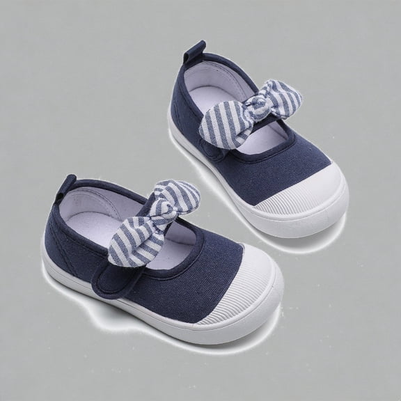 Krdevn Baby Girls' Canvas Mary Jane Flats Striped Bow Hook Loop Closure Breathable Lightweight First Walking Shoes for Toddlers,Sizes 18-24 Months