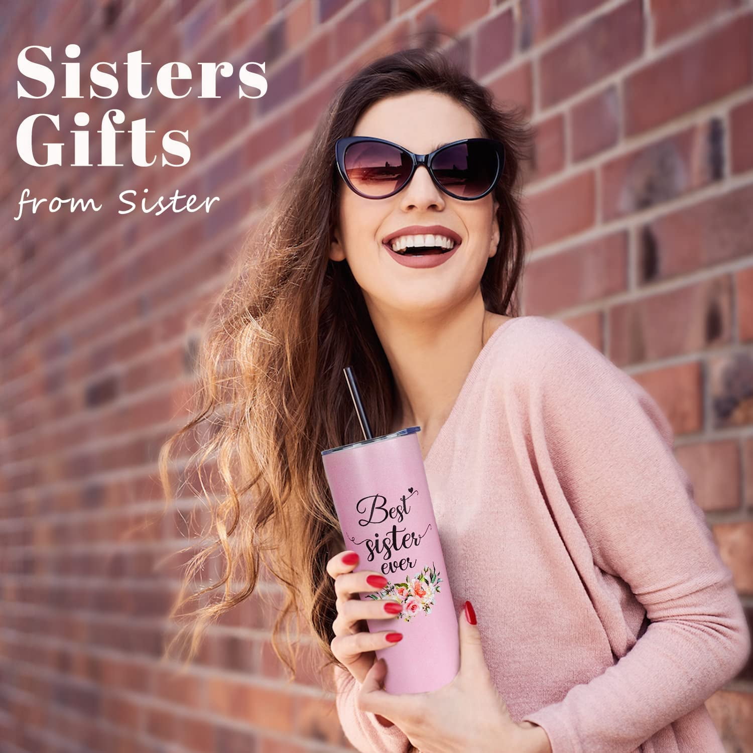 Sister Tumbler with Lid and Straw Best Sister Ever Cup Insulated Stainless Steel Mug for Big Sister/ Little Sister Birthday Sister Gifts from Sister Friendship Gifts for Women