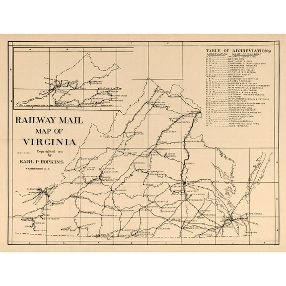 Railroad Map - Railway Mail Virginia - Hopkins 1910 - Vintage Wall Art