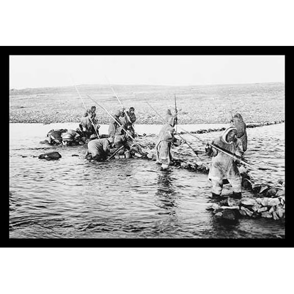 Inuit killing salmon with spears- Fine Art Canvas Print (20" x 30")