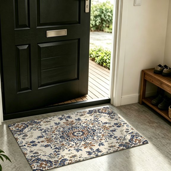Front Door Mat Indoor Outdoor Vintage Bohemian Flowers Non-Slip Doormat Low Profile Patio Porch Entryway Rug 16x24in Retro Farm Floral Pattern
