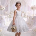 thumbnail image 2 of MGDXOX Girls Sleeveless Lace Bodice Tulle Dress with Pearl Neckline and Floral Lace Hem Formal Party Dress for Wedding White 5-6Years, 2 of 9