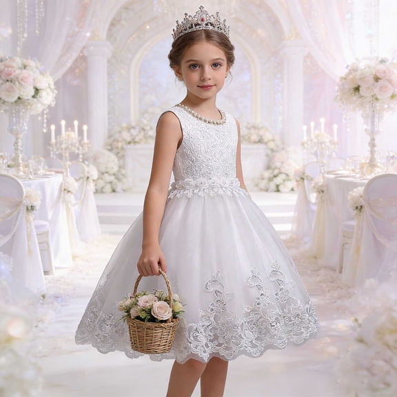 Girls White Lace Tulle Flower Girl Dress Kids Princess Party Tutu Birthday Pageant Wedding,Size 9 T