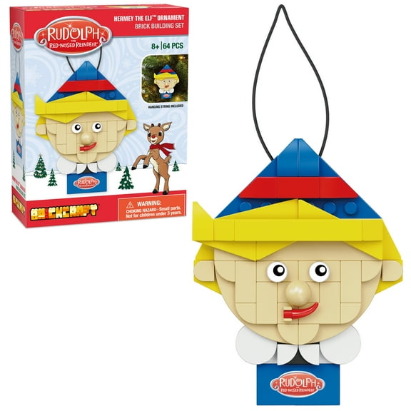 Brickcraft Rudolph the Red-Nosed Reindeer Hermey the Elf Decoration Brick Building Kit (64-Piece Set), Hanging Christmas Décor, Collectible Holiday Ornament