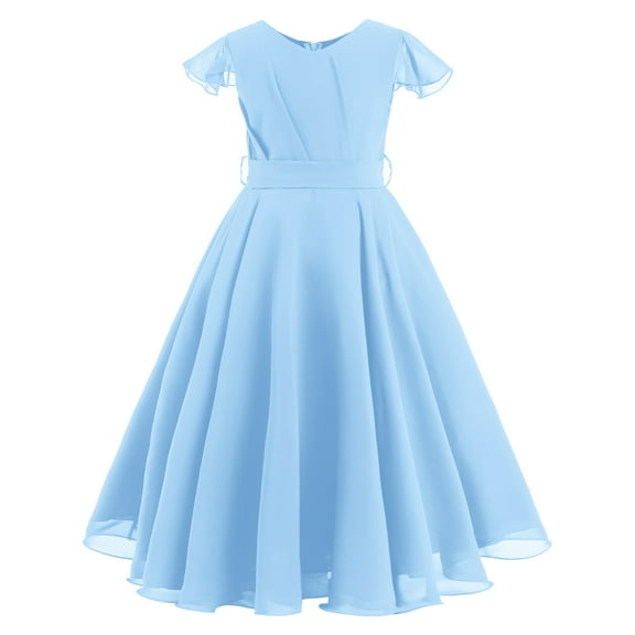IBTOM CASTLE Flower Girls Chiffon A-line Party Dresses Wedding Junior Bridesmaid Princess Pageant Communion Maxi Gowns 11-12 Years Light Blue