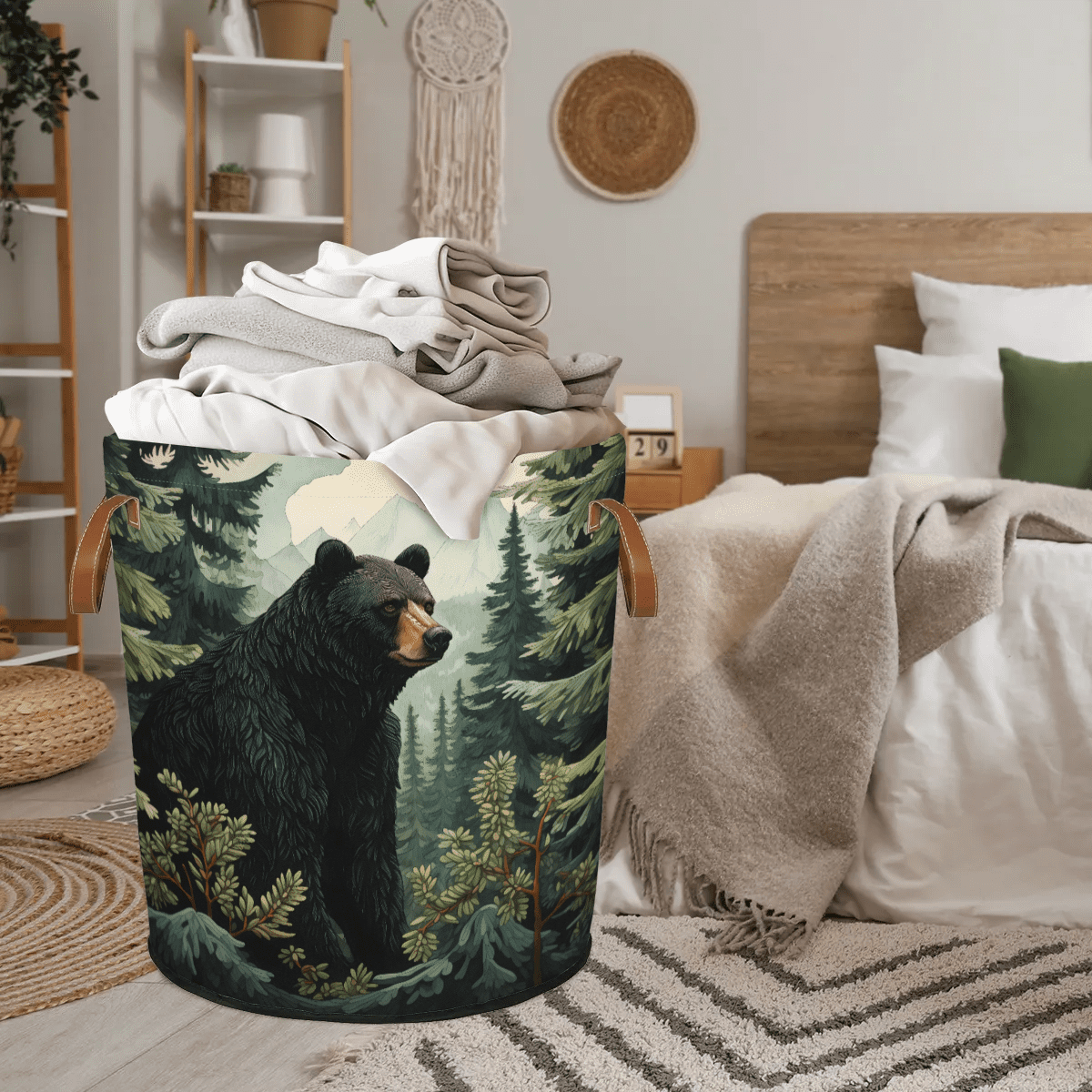 ADECORIVY Black Bear Forest Laundry Basket Waterproof Collapsible Hamper With Handles Oxford Cloth Dirty Clothes Tote for Bathroom, Bedroom, Living Room