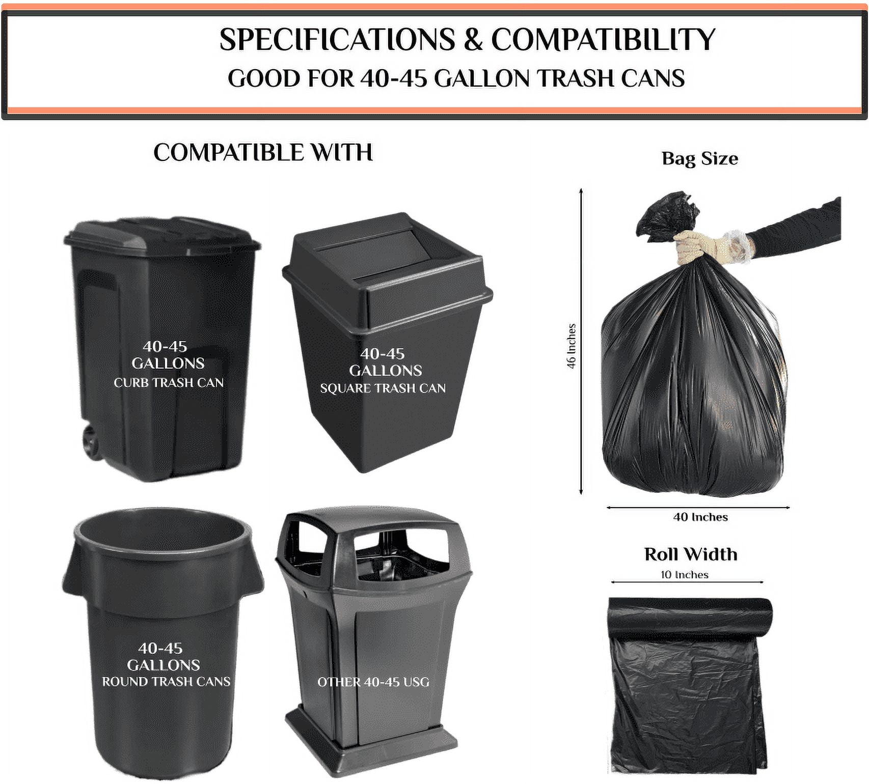 Large 40-45 Gallon Trash Bags Heavy Duty - 1.6 Mil Thick,39''x47'' Black Garbage