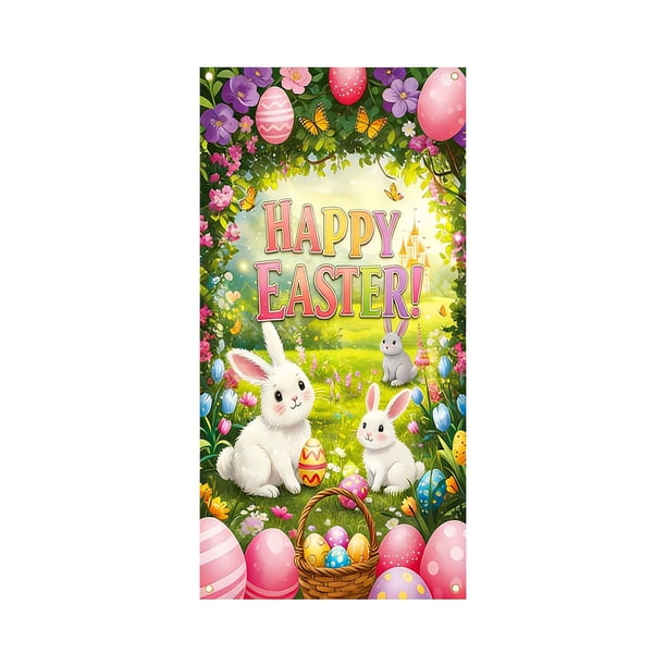 CaiYueKe Easter Door Cover Decoration Outdoor Party Decor Spring Holiday Door Curtain Bunny Rabbit Egg Festive Atmosphere Photography Backdrop Vertical Horizontal Hanging Decorations