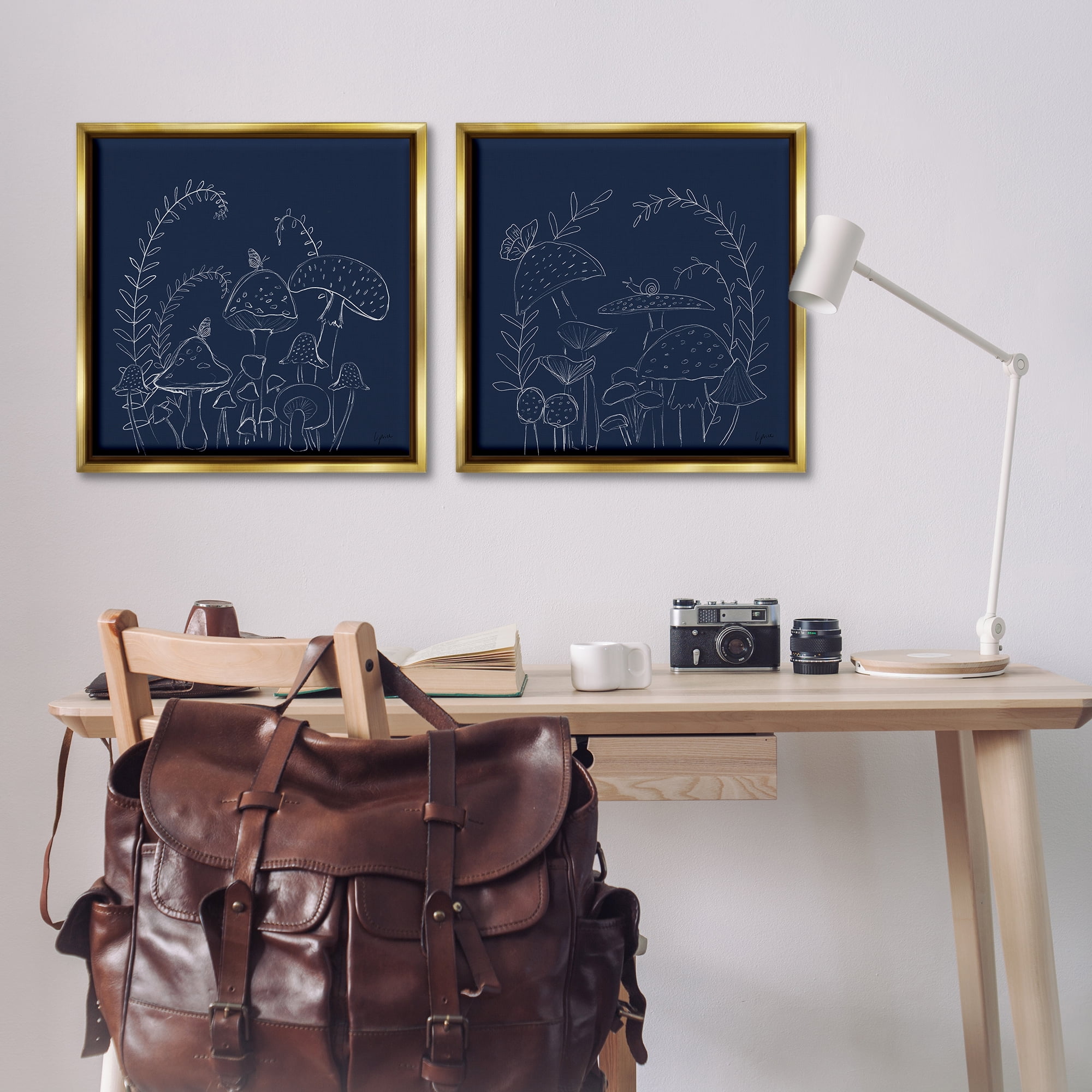 Stupell Industries Minimal Happy Mushroom Garden Floral & Botanical Painting Gold Floater Framed Canvas Art Print Wall Art, 25 x 25, Set of 2