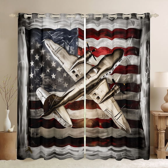 Manfei Retro American Flag Black Out Curtains,Cartoon 3D Aircraft Airplane Curtains Pack of 2 (42x63 Each),White Gray Red Bedroom Curtains For Girl Boy,Breathable Home Decor