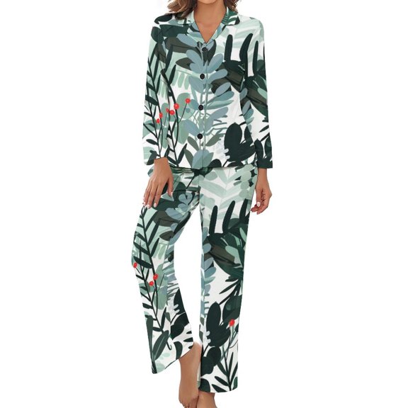 PoBuds Women's Long Sleeve Flannel Pajama Set Sleepwear Christmas Plants S