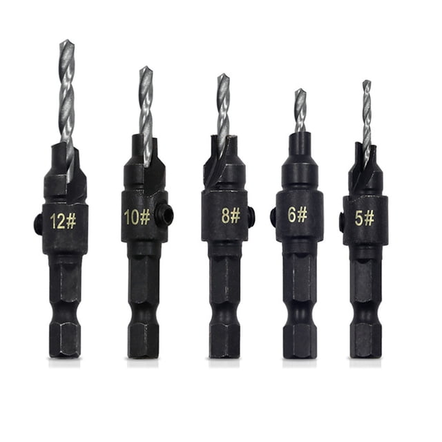 Juego de 5 brocas avellanadas Dsseng para carpintería, n.° 5, 6, 8, 10 y 12, con agujeros piloto para tornillos.