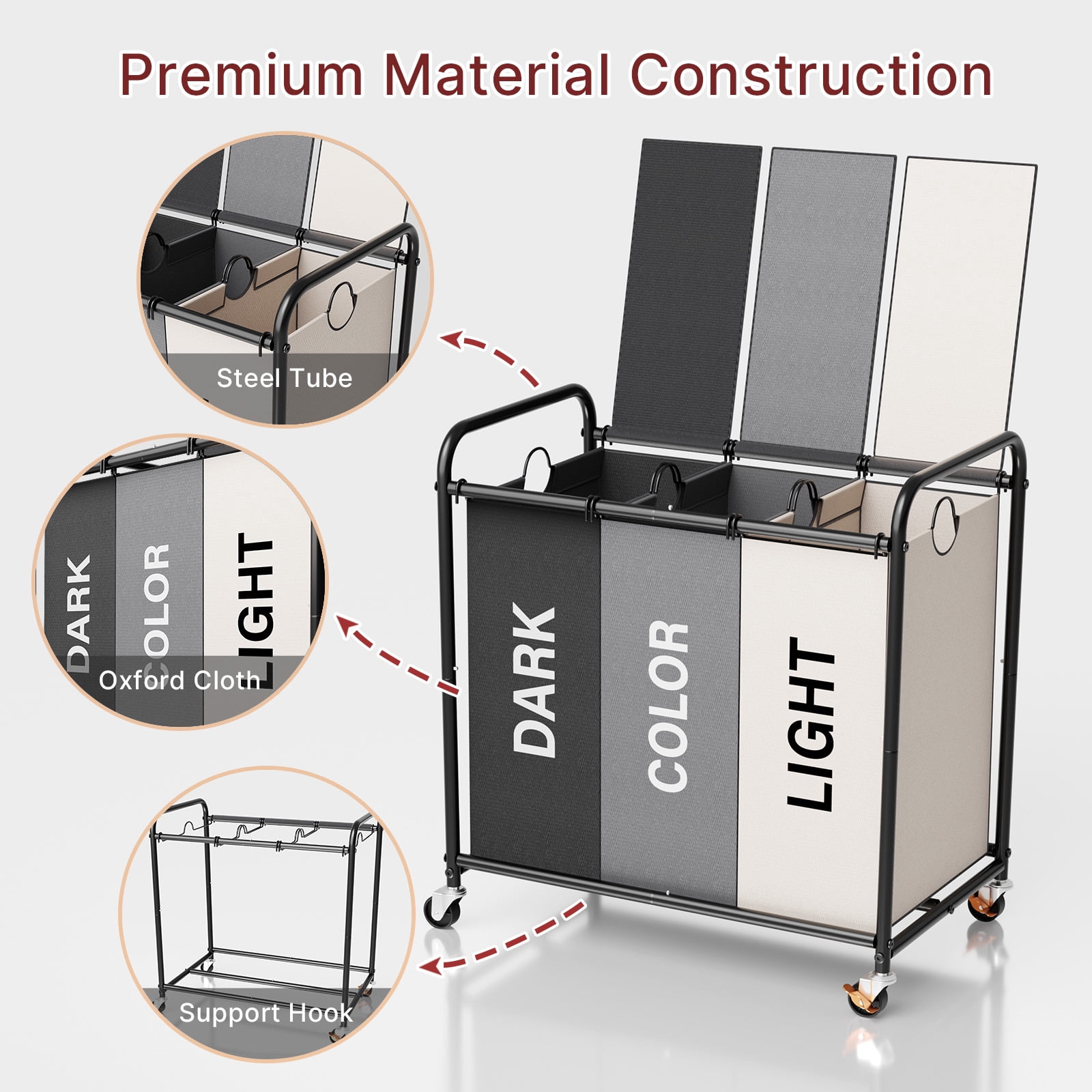 180L (47.55 Gal) Laundry Sorter 3 Section, Rolling Laundry Basket with Lockable Wheels and Lid, Laundry Hamper with 3 Separated Removable Bags Dirty Clothes Hamper for Laundry Room, Multicolored