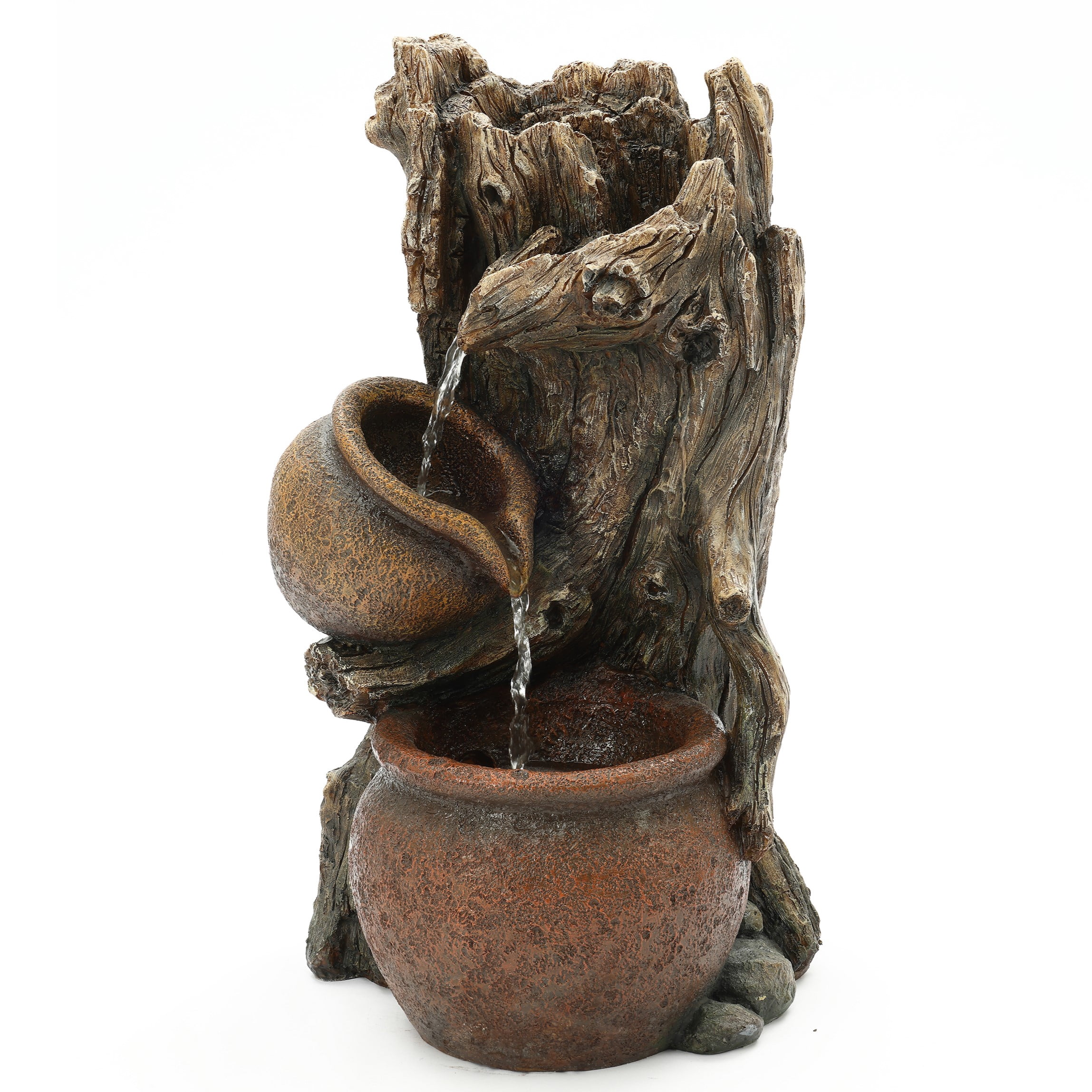 LuxenHome Brown Resin Tree Farmhouse Pots Outdoor Fountain with LED Lights