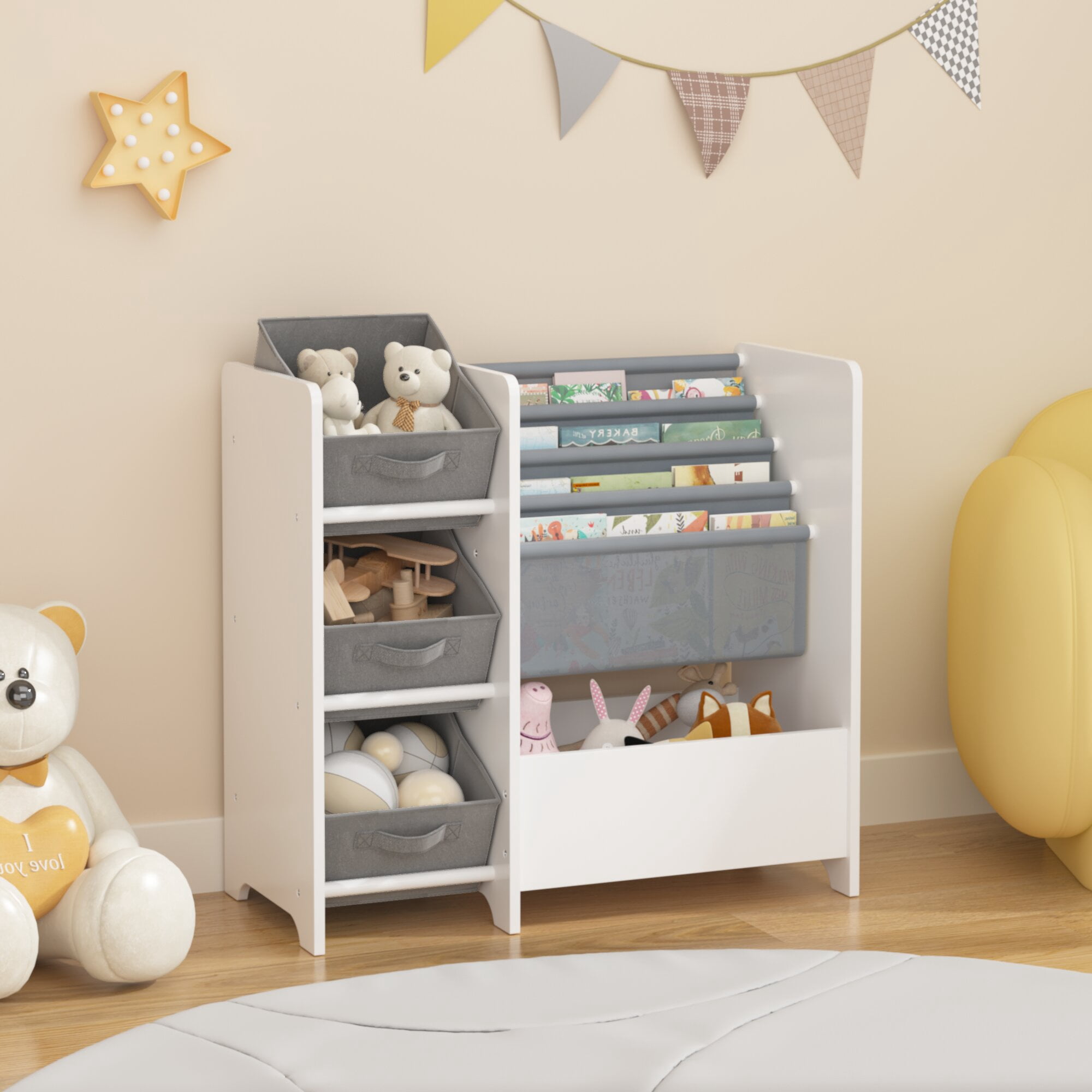 Yoneston Kids Bookshelf and Toy Storage Organizer, Multifunctional 4 Tier Kids Bookcase with 3 Collapsible Fabric Drawers for Children Toddler Bedroom Playroom Nursery, White