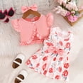 thumbnail image 2 of Toddler Baby Girls Outfits Sleeveless Floral Print Dress Ruffle Short Sleeve Coat Bow Headband Clothing sets, 2 of 6