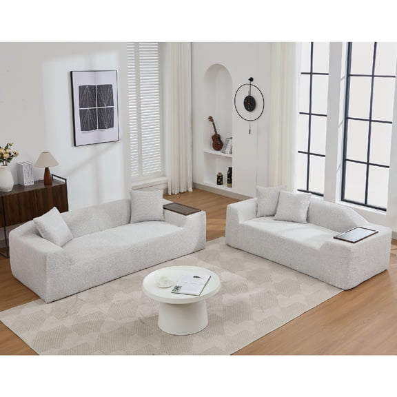 2-Piece Boucle Cloud Sofa Set, 3-Seater Couch and 2-Seater Loveseat with End Tables, Deep Seat Living Room Sofa Set, Light Gray