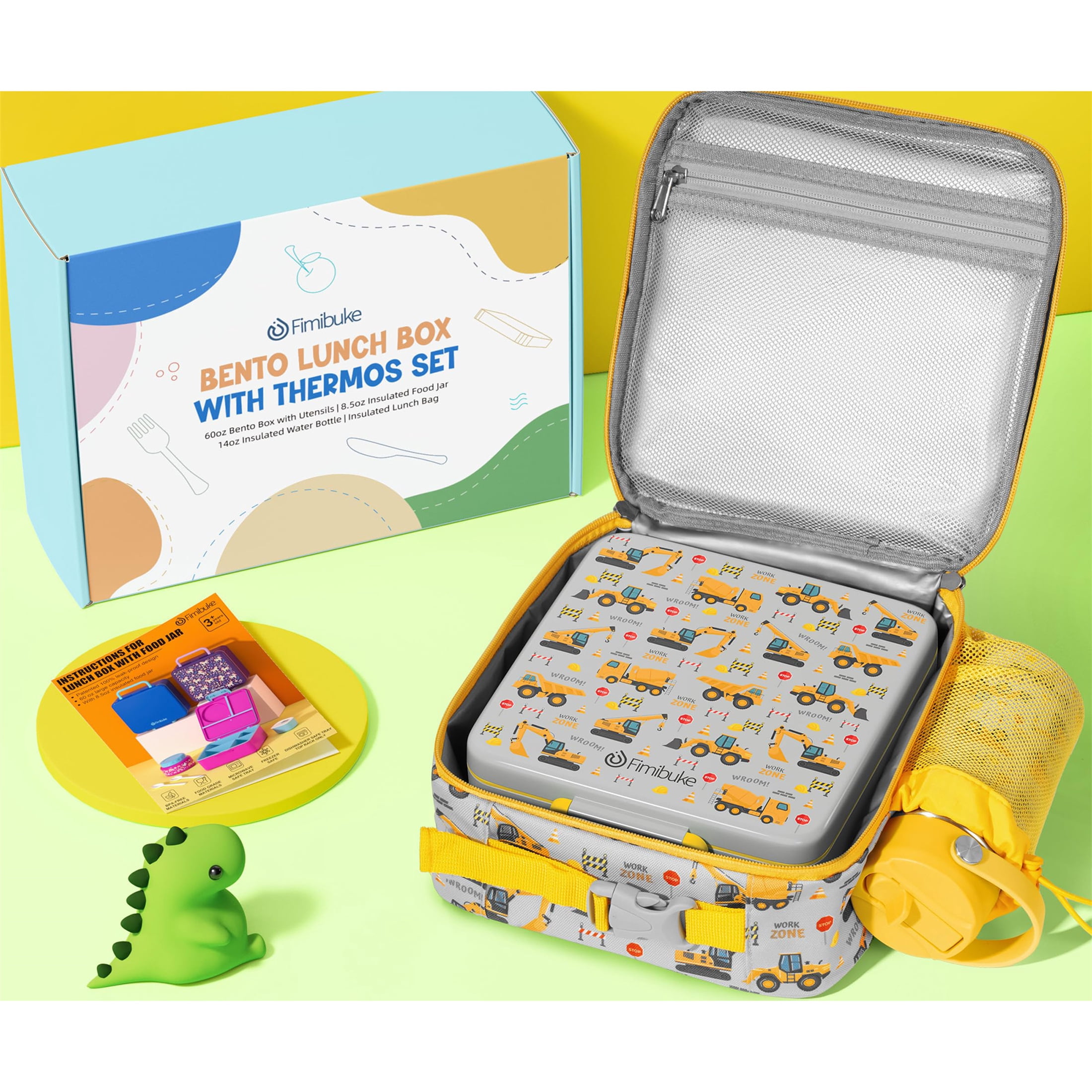 Bento Lunch Box Set for Teen Adult, Lunch Food Container 3-4 Compartment with 14 OZ Water Bottle, Food Jar, Insulated Lunch Bag, Sauce Cup, Utensils, Construction Trucks