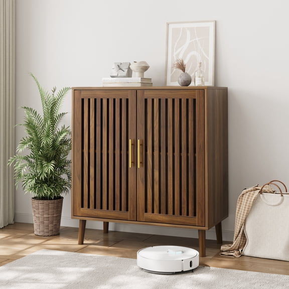 Farmhouse Sideboard Buffet Cabinet with Louvered Doors, Adjustable Shelves, Walnut Finish, 31.5" Wide