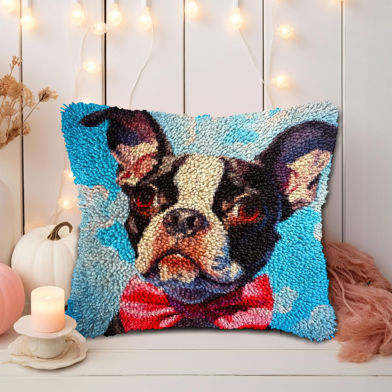 Boston Terrier Wear Tie DIY Latch Hook Pillow Kits for Adults Printed Pillowcase Crochet Yarns Hooking Handmade Pillow Cover Cushion for Home Sofa Decoration 17x17inch
