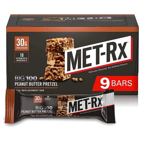 MET-Rx Big 100 Colossal Protein Bars, Great as Healthy Meal Replacement, Snack, and Help Support Energy, Peanut Butter Pretzel, With Vitamin A, Vitamin C, and Zinc, 100 g, 9 Count