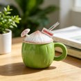 thumbnail image 4 of Taza de café de cerámica con forma de coco, con asa, tapa, mini sombrilla, pajita y resistente a altas temperaturas. Ideal para el verano., 4 of 8