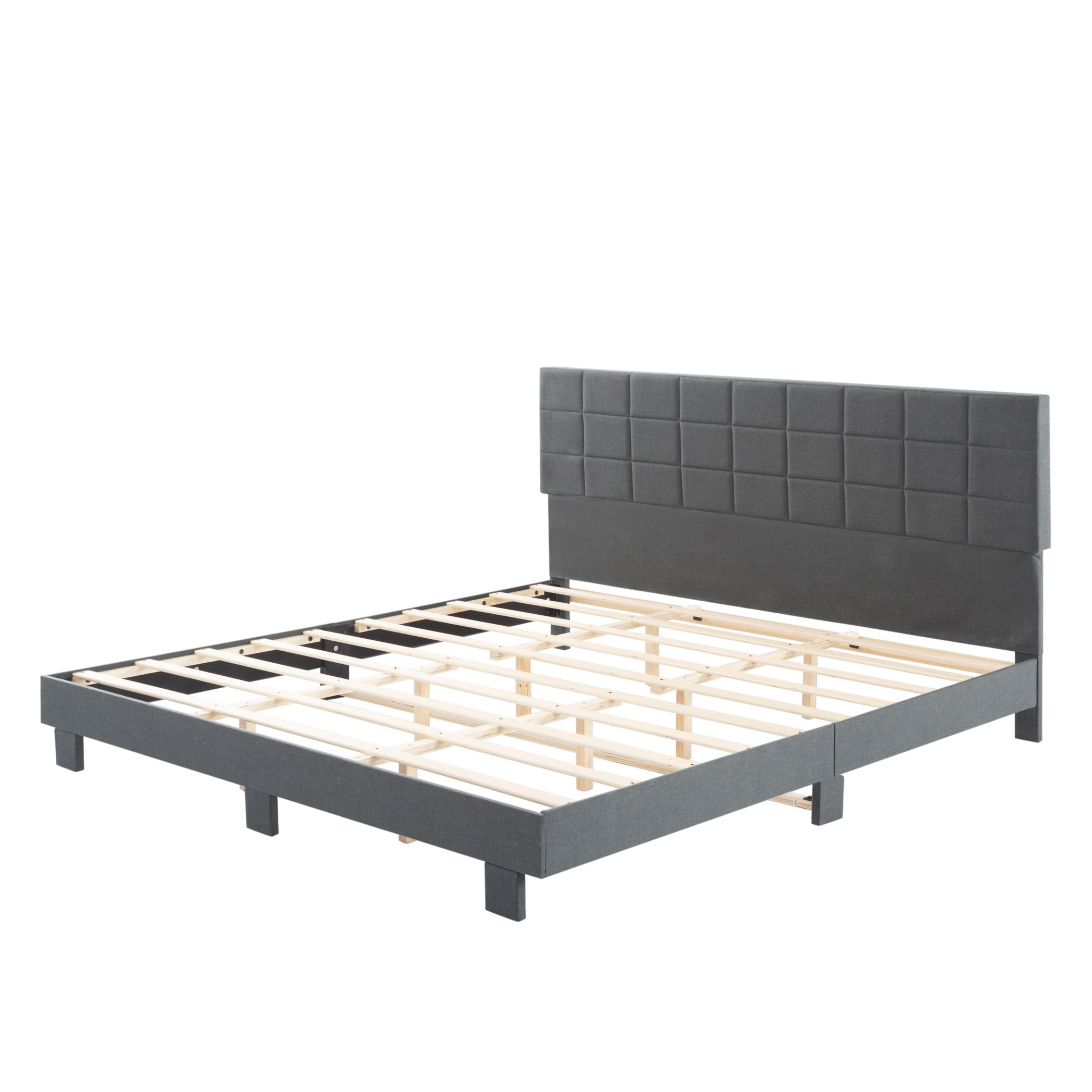 BSHTI King Size Platform Bed Frame with Square Tufted Upholstered Headboard – Solid Wood Frame, 10 Wood Slats, Center Support Leg, Under-Bed Clearance, No Box Spring Needed,Dark Grey