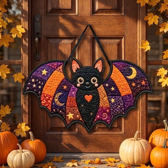 Halloween Bat Door Wreath, Handmade Quilted Bat Wreaths Front Door Hanging Ornament for Halloween Decorations Outdoor Fireplace Wall Porch Party Suppiles