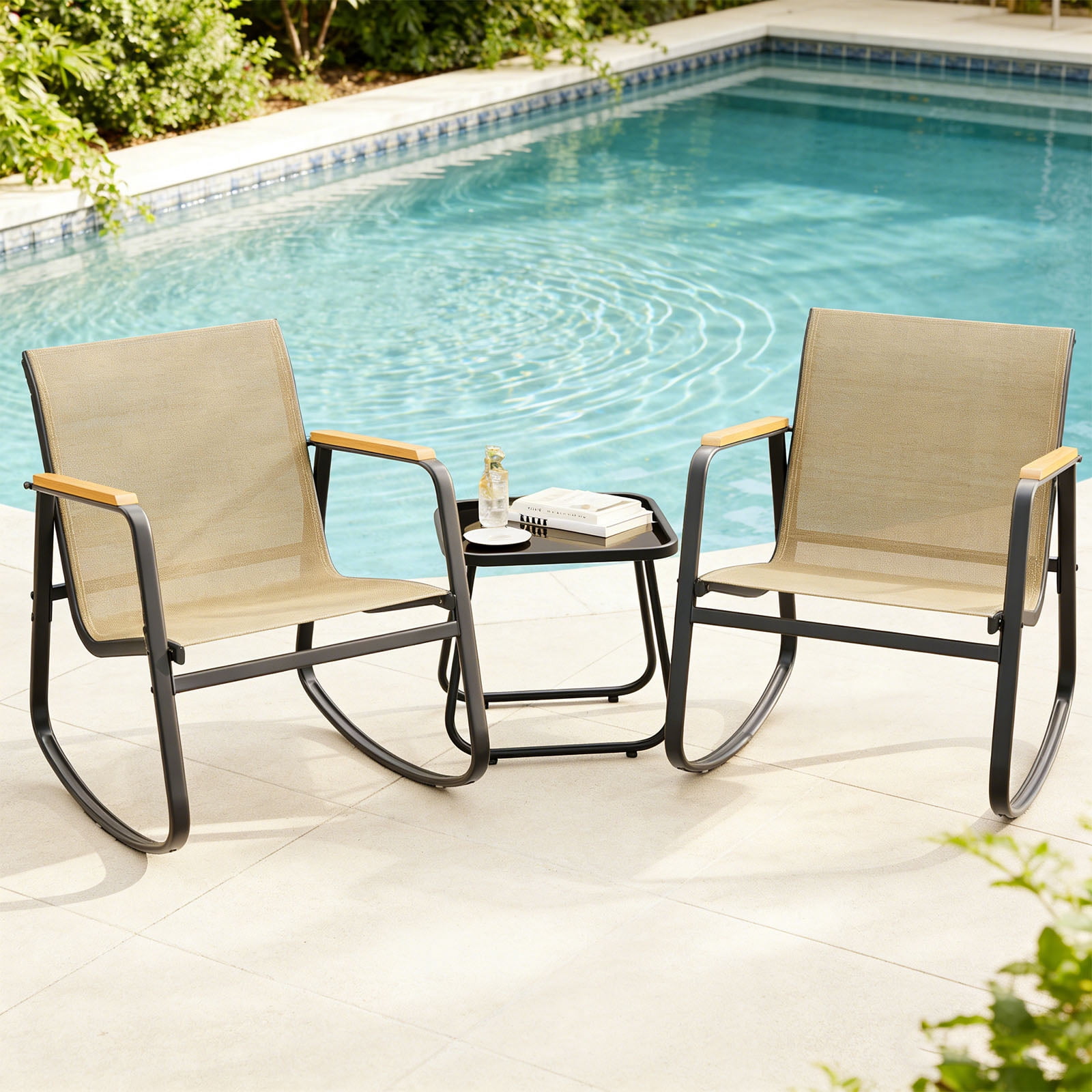 Casabay 3-Piece Outdoor Courtyard Furniture Set with Patio Chairs & Coffee Table, All Weather Outdoor Seating Breathable Fabric for Yard, Pool, Lawn, Brown