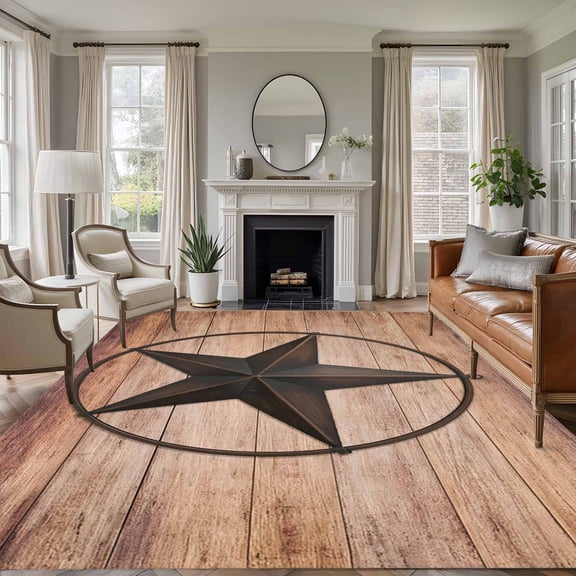Area Rug for Living Room, Western Star Retro Non-Slip Indoor Large Carpet for Bedroom/Dining Room, Country Farmhouse Brown Wooden Grain Washable Low-Profile Rectangle Floor Runner Rugs - 6 x 9 Ft