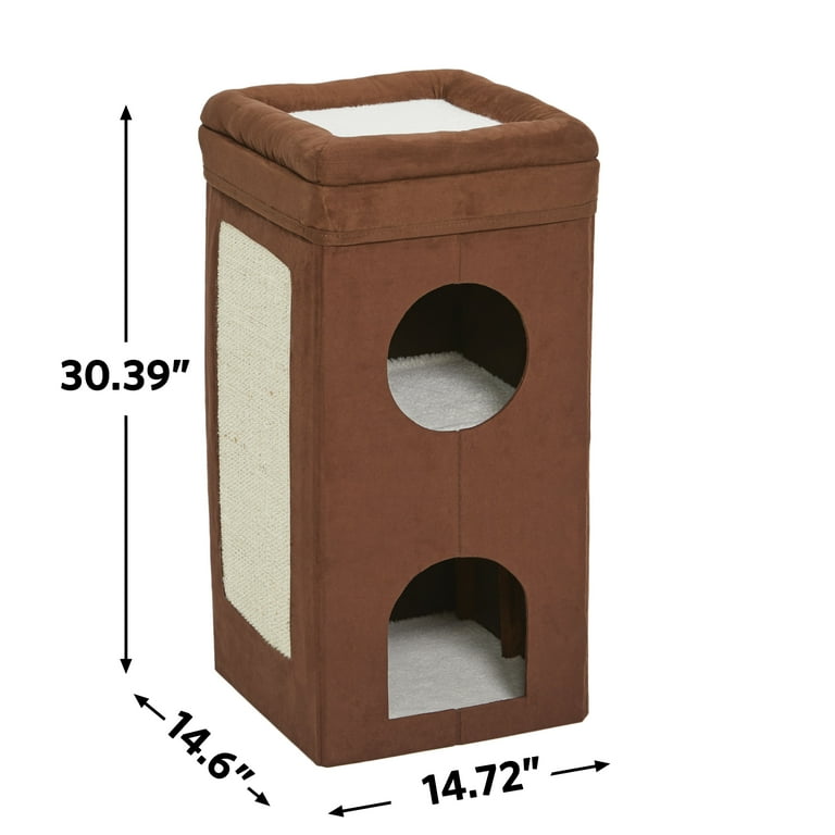 Curious Cat Condo Two Story Cat Condo w Scratching Pad Cat Bed Topper 14.6L x 14.72W x 30.39H Inches Brown