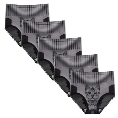 

vbnergoie 5PCs Women Ladies Cat Head Printed High Waist Lace Panties Underwear Ladies Cotton Underwear Support Underwear for Women