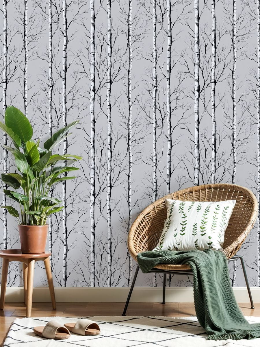 Peel and Stick Wallpaper 17.7in x 9.8ft Birch Trees Forest Black White Minimalist Nature Botanical Contact Paper Vinyl Waterproof Self Adhesive Wall Paper for Bedroom Shelf Cabinet Renter Friendly
