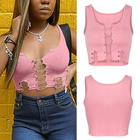 SNKSDGM Female Womens White Tank Tops for Layering Plus Size Womens Tank Tops Loose fit with Built in Bra Short Backless Personality Pin Sleeveless Racerback Vest Sexy Sister Large Bra Vest M