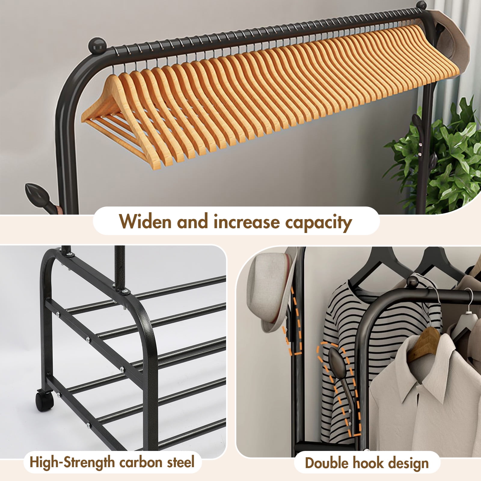 Clothes Rack With Wheels, Portable Clothing Rack With Shelves & Hooks, Heavy Duty Garment Racks for Hanging Clothes, Multi-Functional Closet Rack for Bedroom, Black