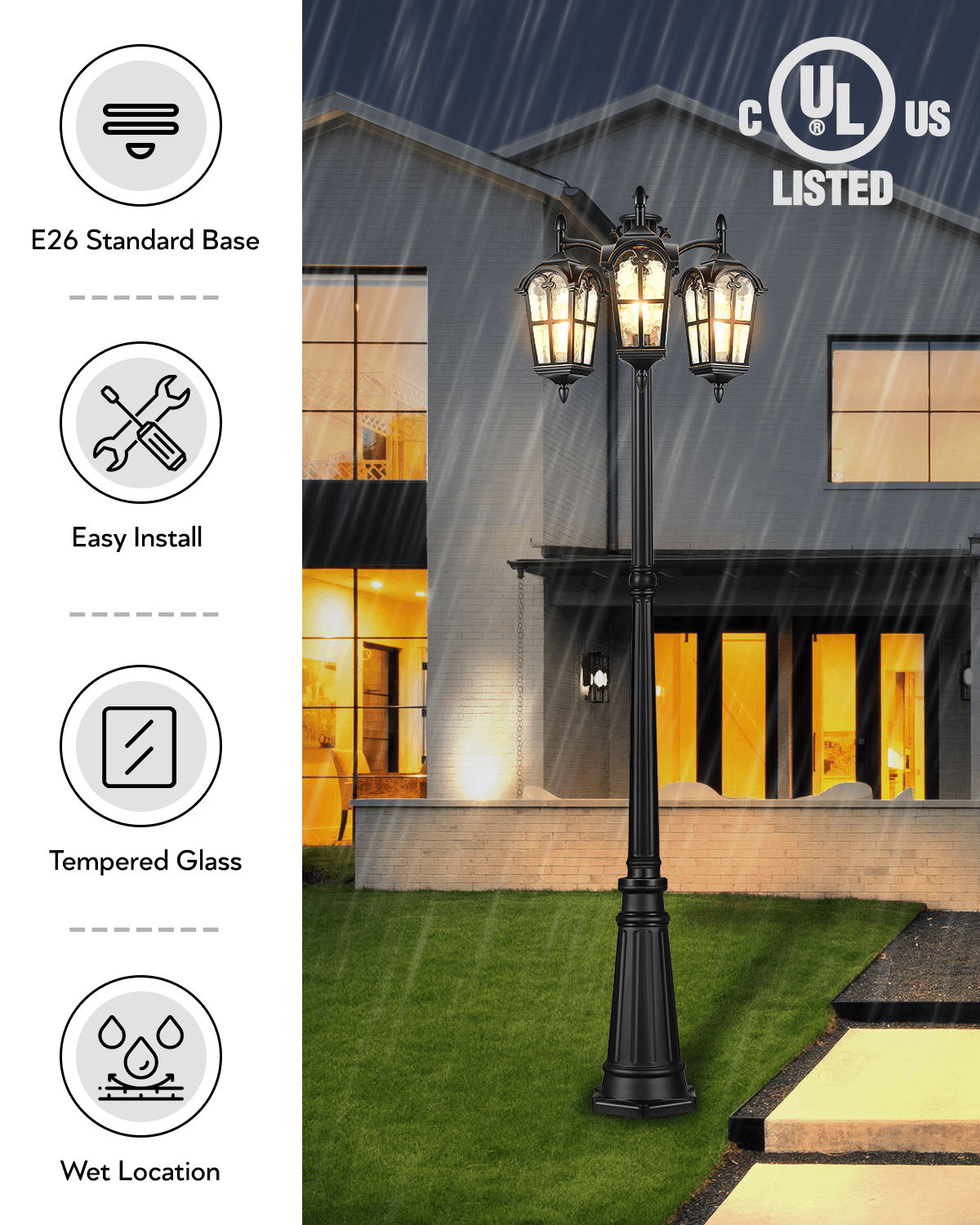 VIANIS Outdoor Post Lights Dusk to Dawn, Anti-Rust Vintage Lamp Posts Outdoor Lighting, 3-Head Aluminum Outdoor Street Fixture with Ripple Glass, Exterior Pole Lights for Yard Garden Driveway